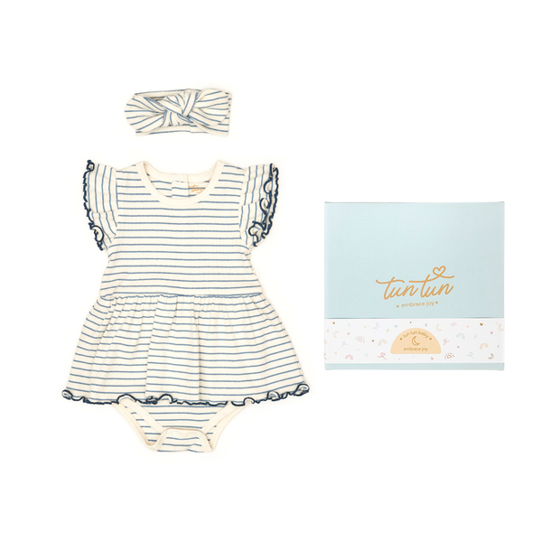 AJUAR VESTIDO BODY DE ALGODÓN  RIB + VINCHA + CAJITA DE REGALO