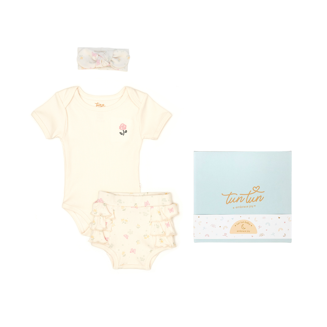 Ajuar Set Body + Short Bombacho + Vincha Rib + Cajita de Regalo