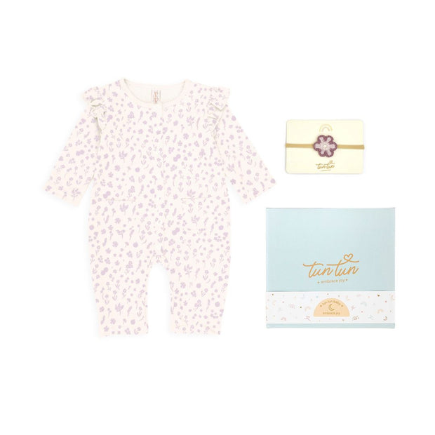 Ajuar Romper Flores Lila + Vincha Flores + Caja de Regalo