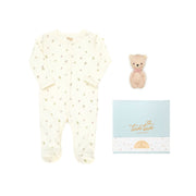 Ajuar Enterizo Flores Algodón Pima + Sonaja Osito + Cajita de Regalo
