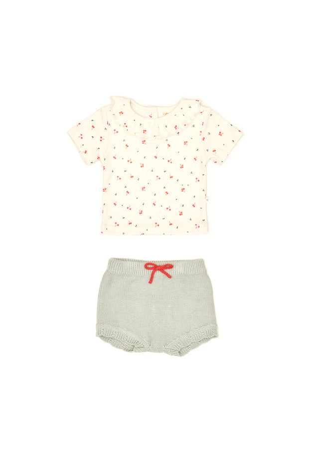 Set Polo Bobo + Short Tejido Perla Cerezas / Celeste