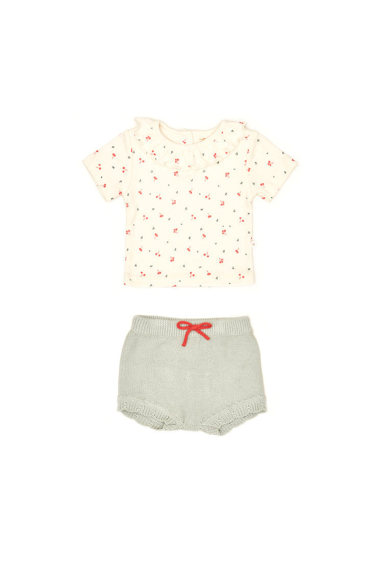 Set Polo Bobo + Short Tejido Perla Cerezas / Celeste