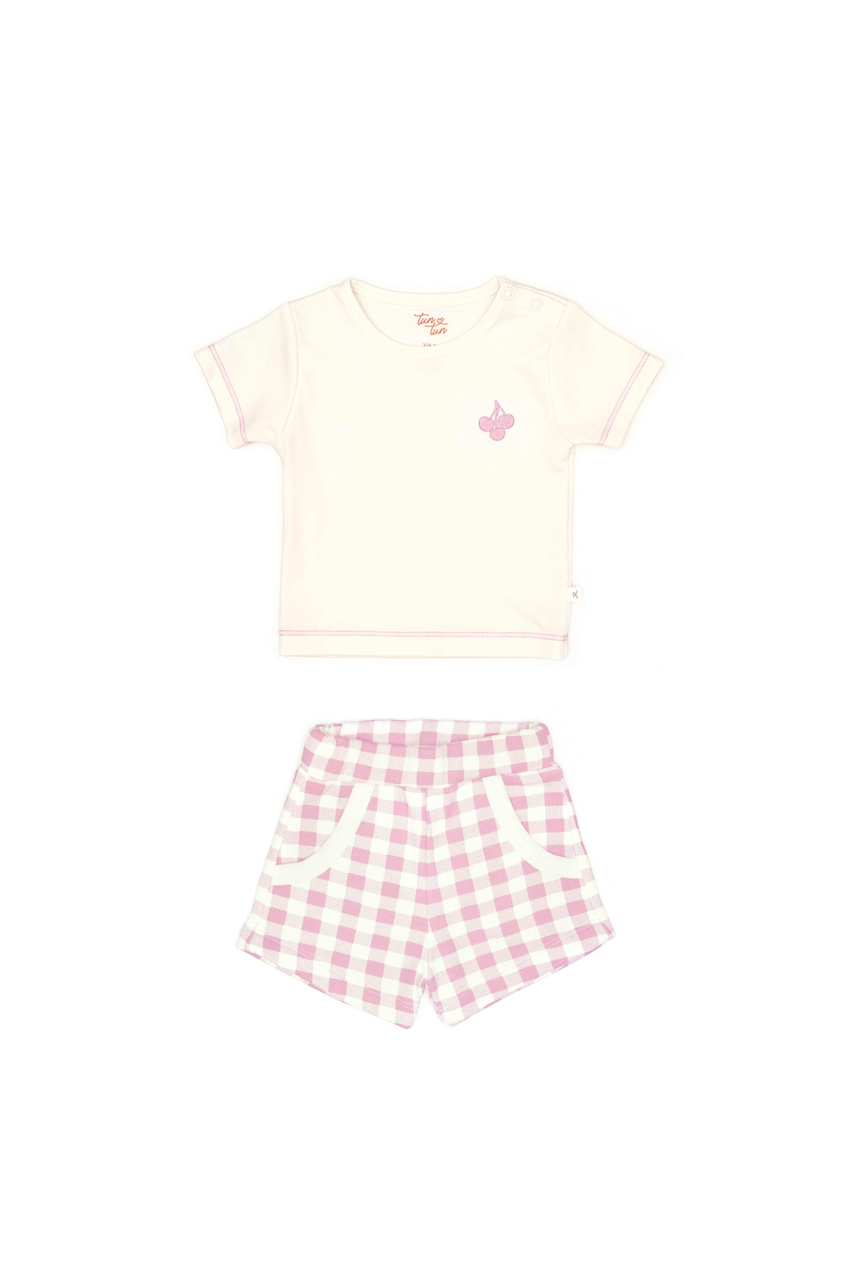 Conjunto 2PCS Tshirt Perla de Algodón Pima  + Short Cuadros Fucsia French Terry