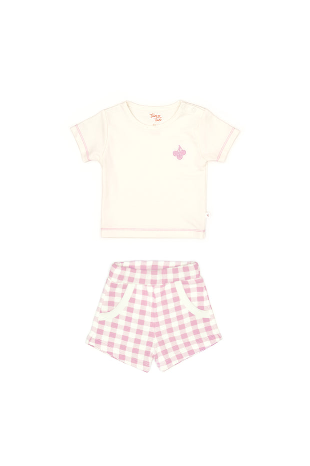 Set Tshirt + Short Perla / Cuadros Fucsia de algodón