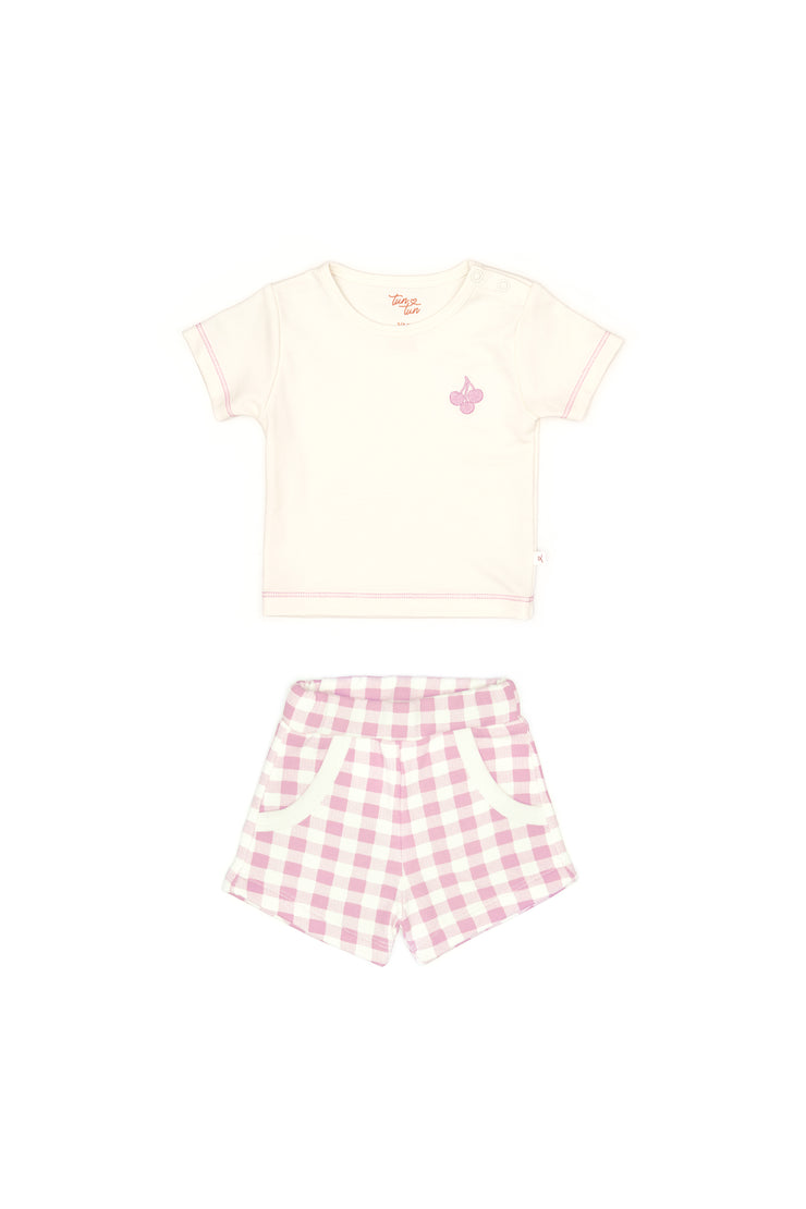 Set Tshirt + Short Perla / Cuadros Fucsia de algodón