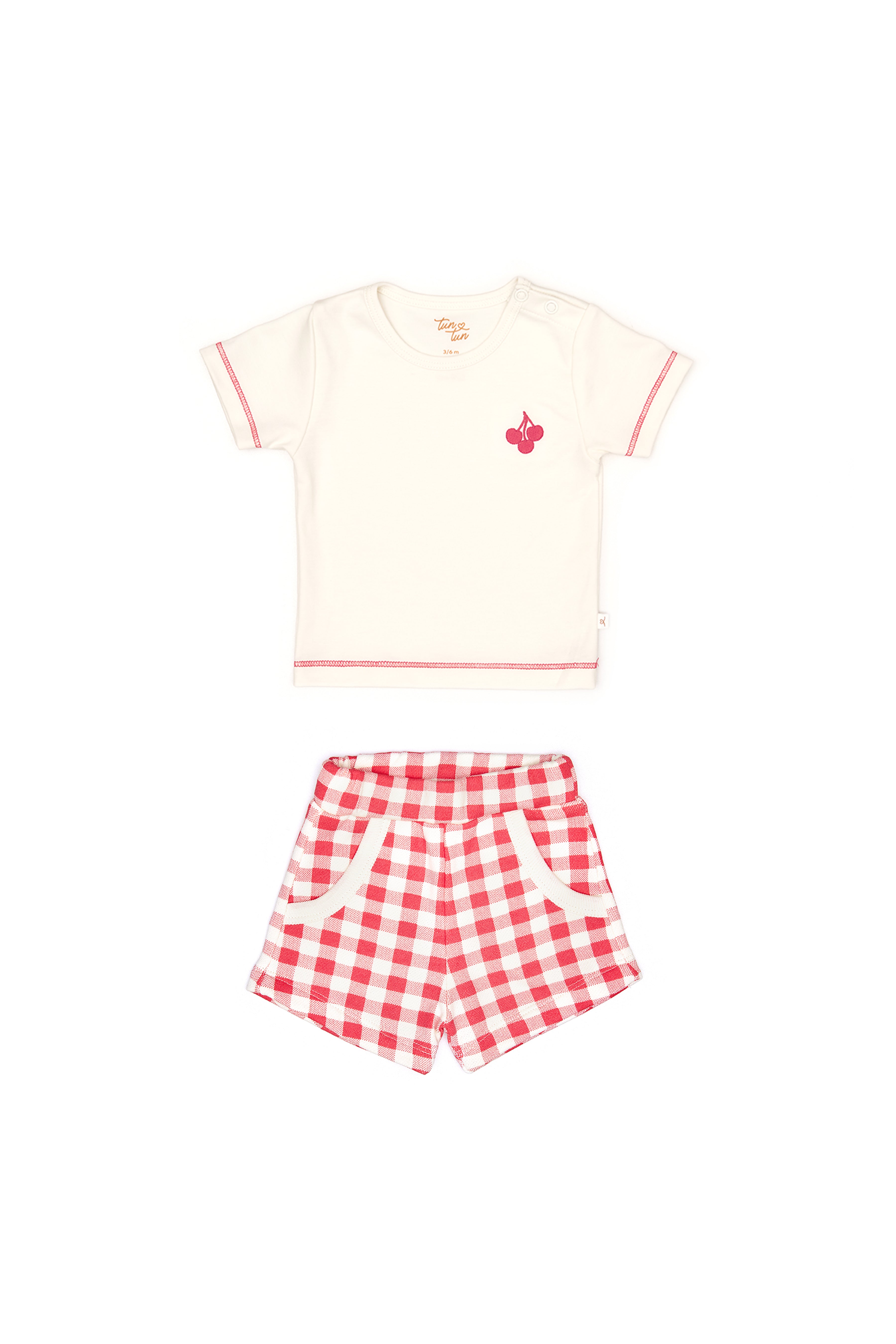 Conjunto 2PCS Tshirt Perla de Algodón Pima + Short  Cuadros Rojos French Terry