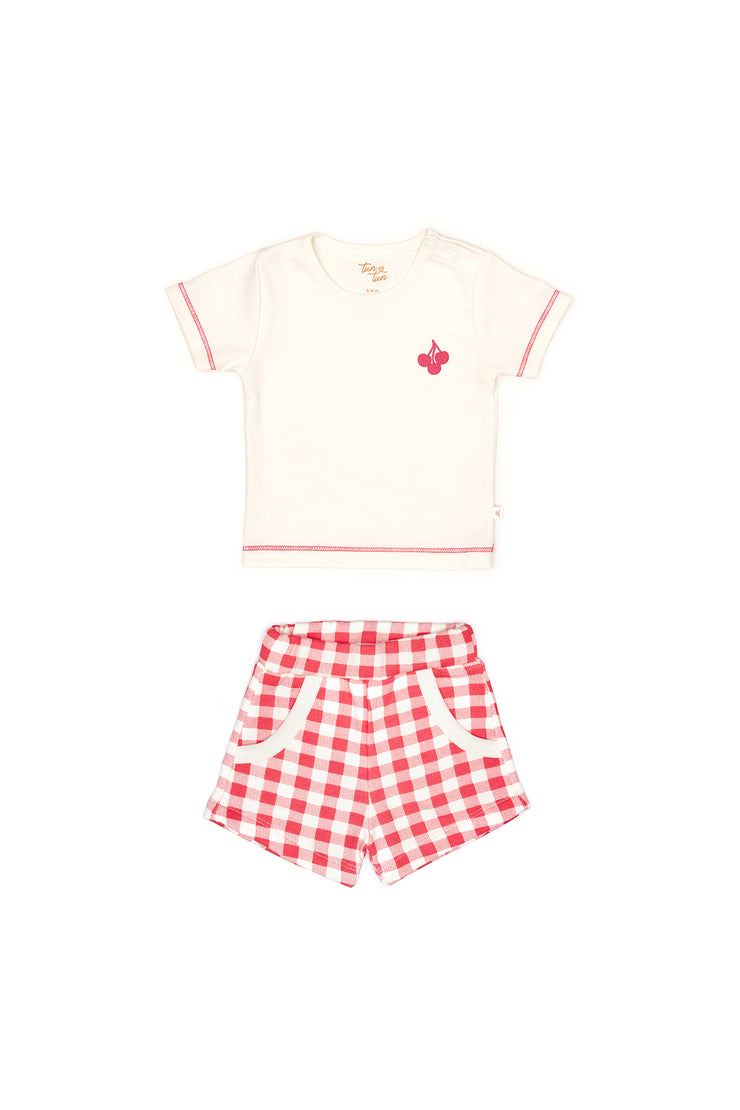 Set Tshirt + Short Perla / Cuadros Rojos de algodón
