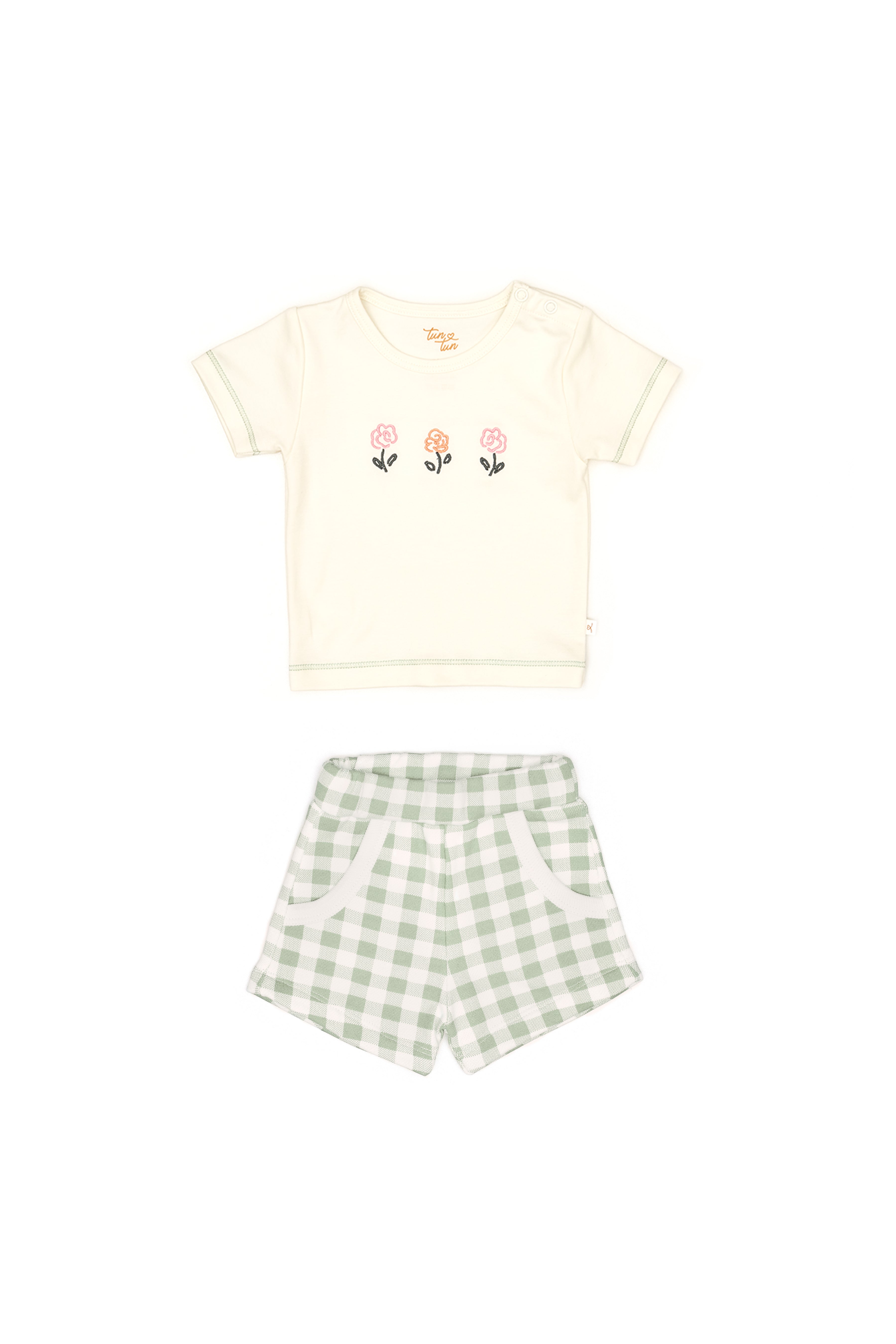 Conjunto 2PCS Tshirt  Perla de Algodón Pima + Short Cuadros Verde French Terry