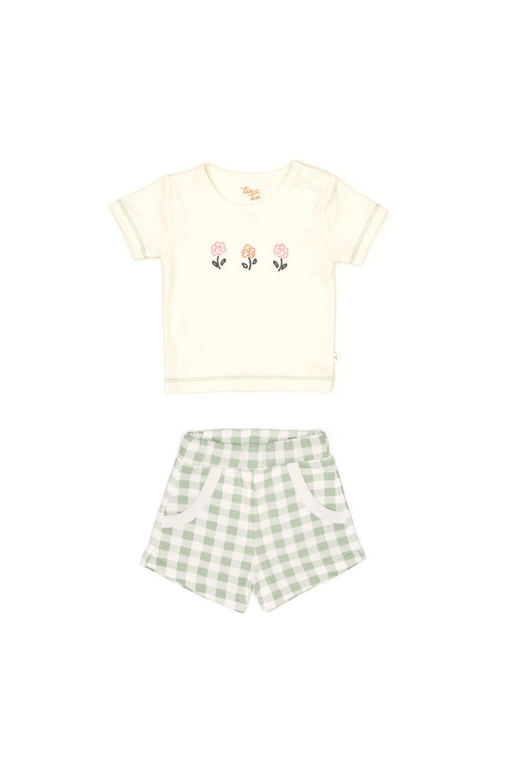 Set Tshirt + Short Perla / Cuadros Verde de algodón