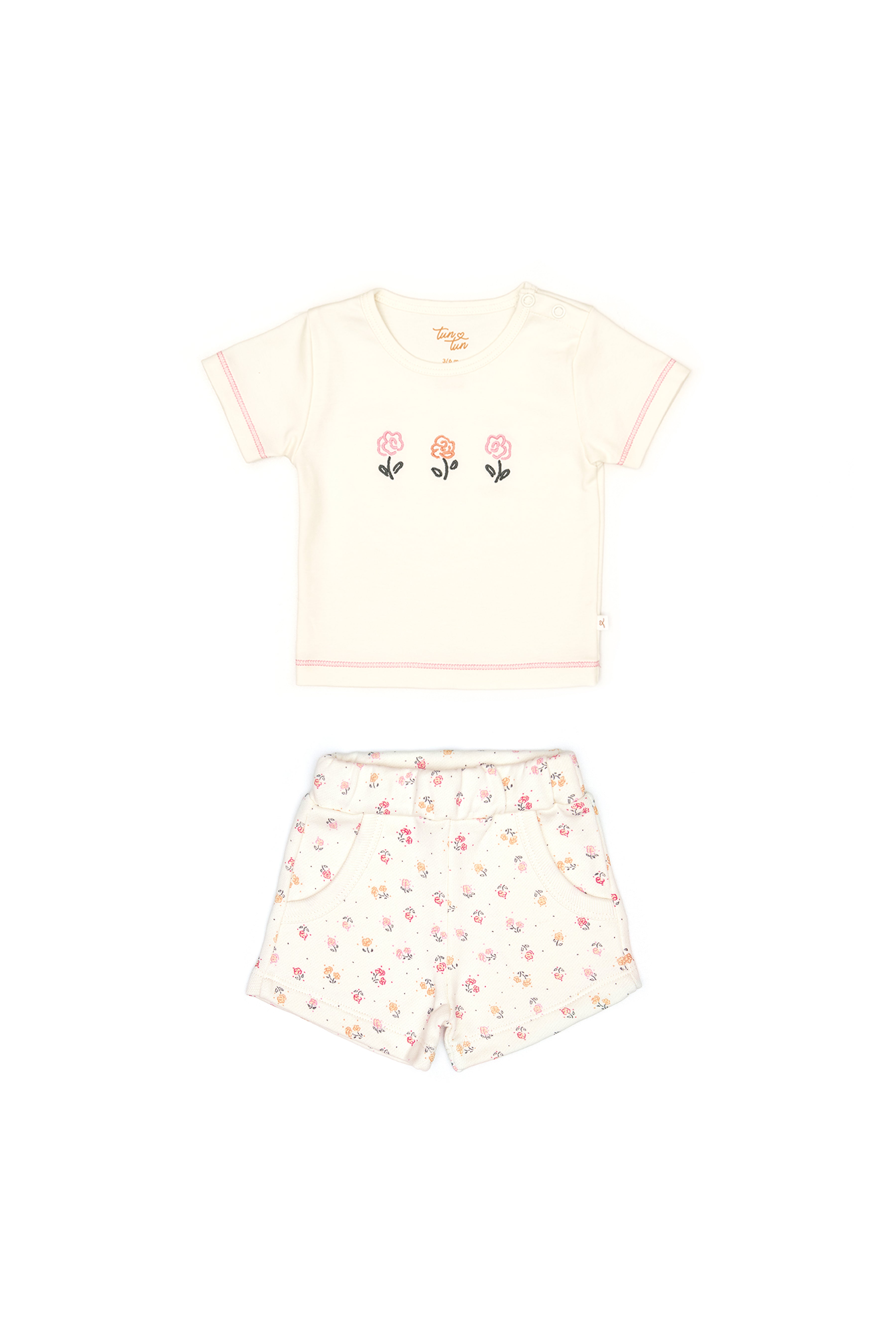 Conjunto 2PCS Tshirt  Perla de Algodón Pima + Short Flores Perla French Terry