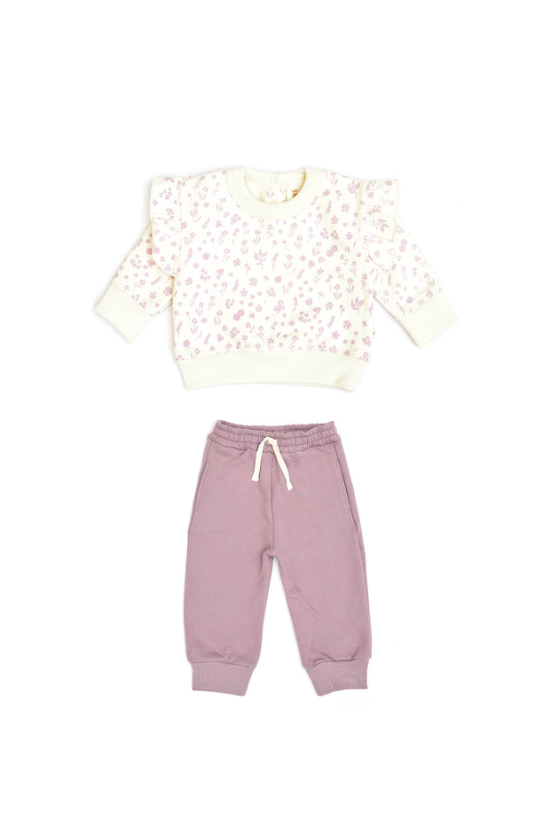 Set Polera Bobo + Buzo Perla Flores Lila de Algodón franelado