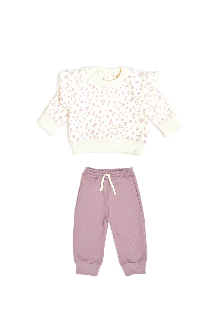 Set Polera Bobo + Buzo Perla Flores Lila de Algodón franelado