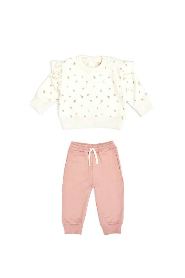 Set Polera Bobo Perla Flores + Buzo Coral de Algodón franelado