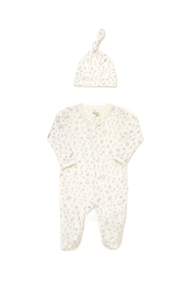Set Enterizo Cierre + Gorro Perla flores lila de algodón pima
