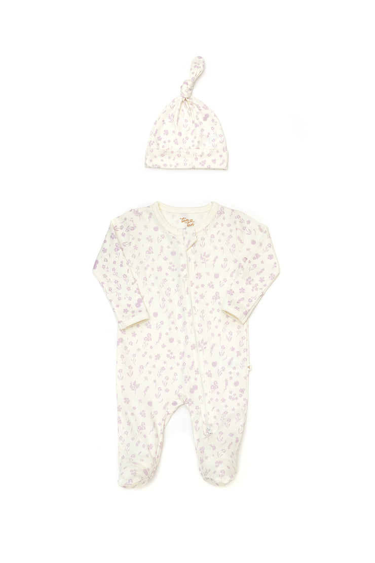 Set Enterizo Cierre + Gorro Perla flores lila de algodón pima