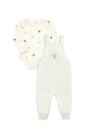 Set Romper Tirantes Celeste Bordado Oso de Jackard de algodón  + Body Perla Osos de algodón rib