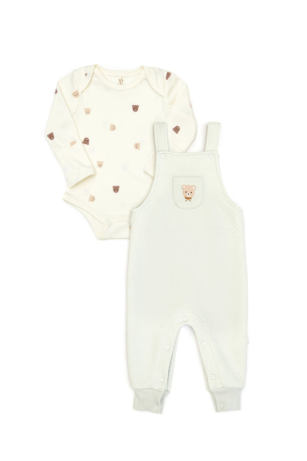 Set Romper Tirantes Celeste Bordado Oso de Jackard de algodón  + Body Perla Osos de algodón rib