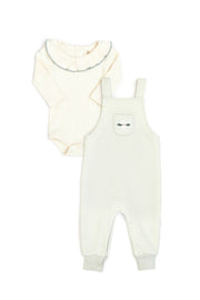 Set Romper Tirantes Celeste Bordado Flor de Jackard de algodón + Body Bobo Perla de Algodón Rib