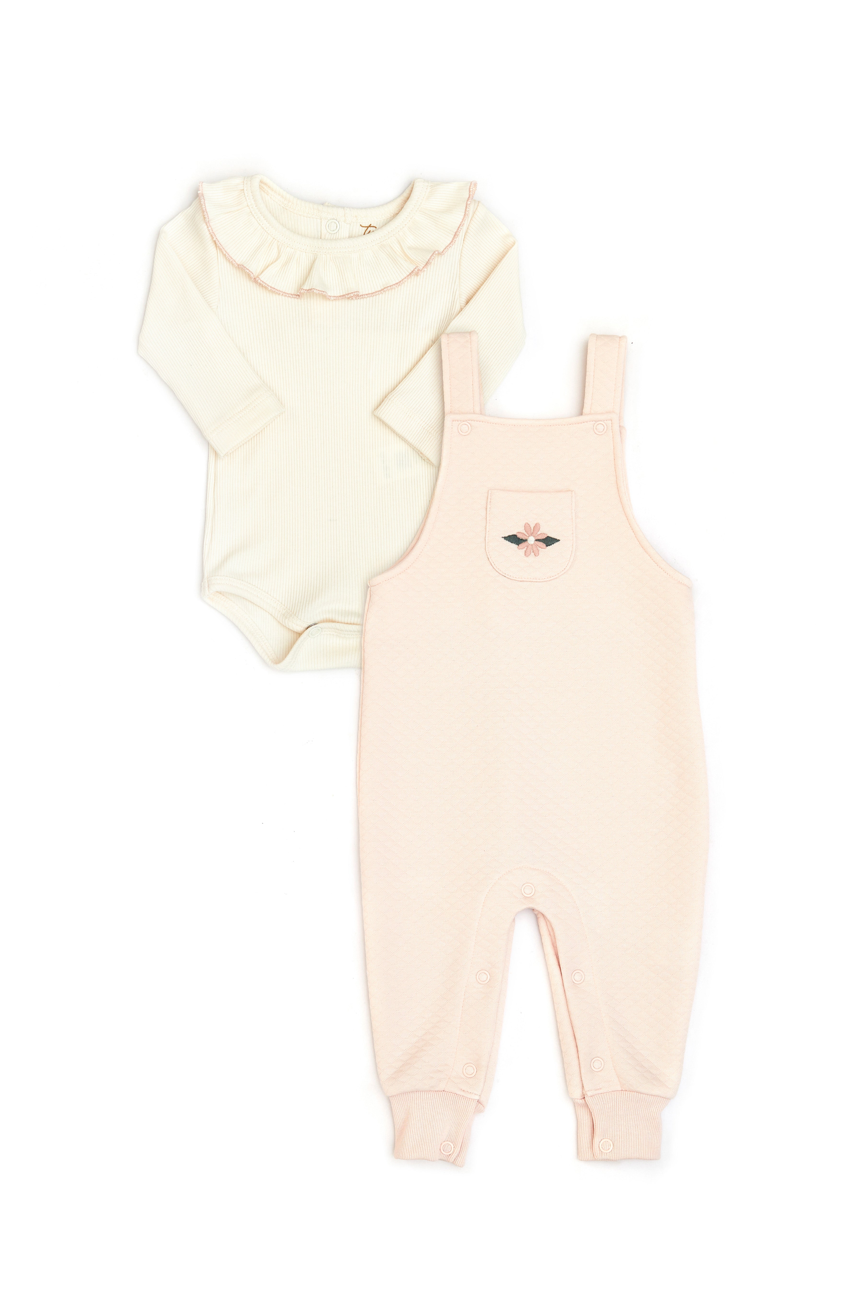 Conjunto 2PCS Romper Tirantes Rosado de Jackard de algodón + Body Bobo Perla de algodón Rib