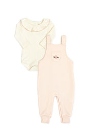 Set Romper Tirantes Rosado DE Jackard de algodón + Body Bobo Perla de algodón rib