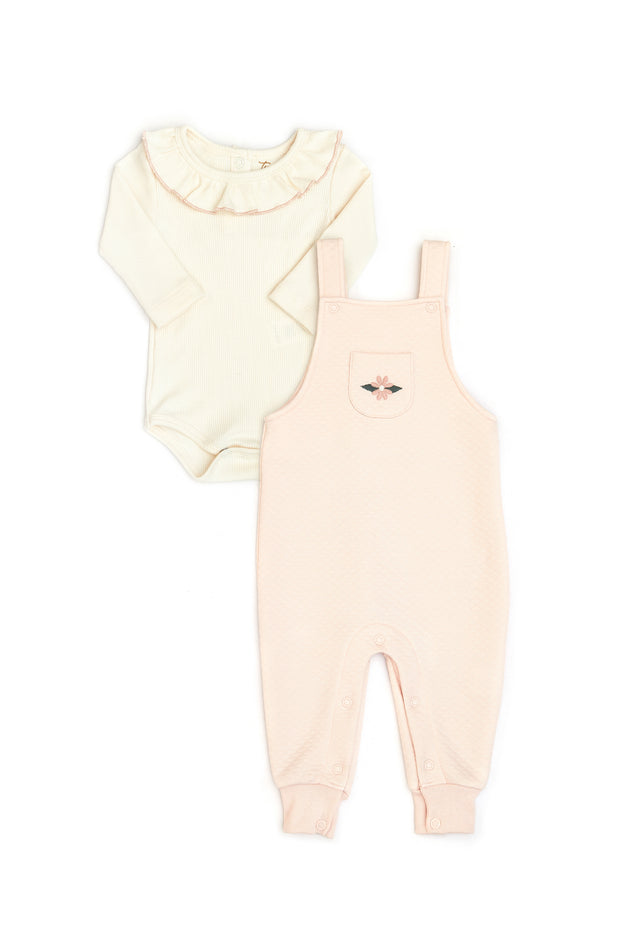 Set Romper Tirantes Rosado DE Jackard de algodón + Body Bobo Perla de algodón rib