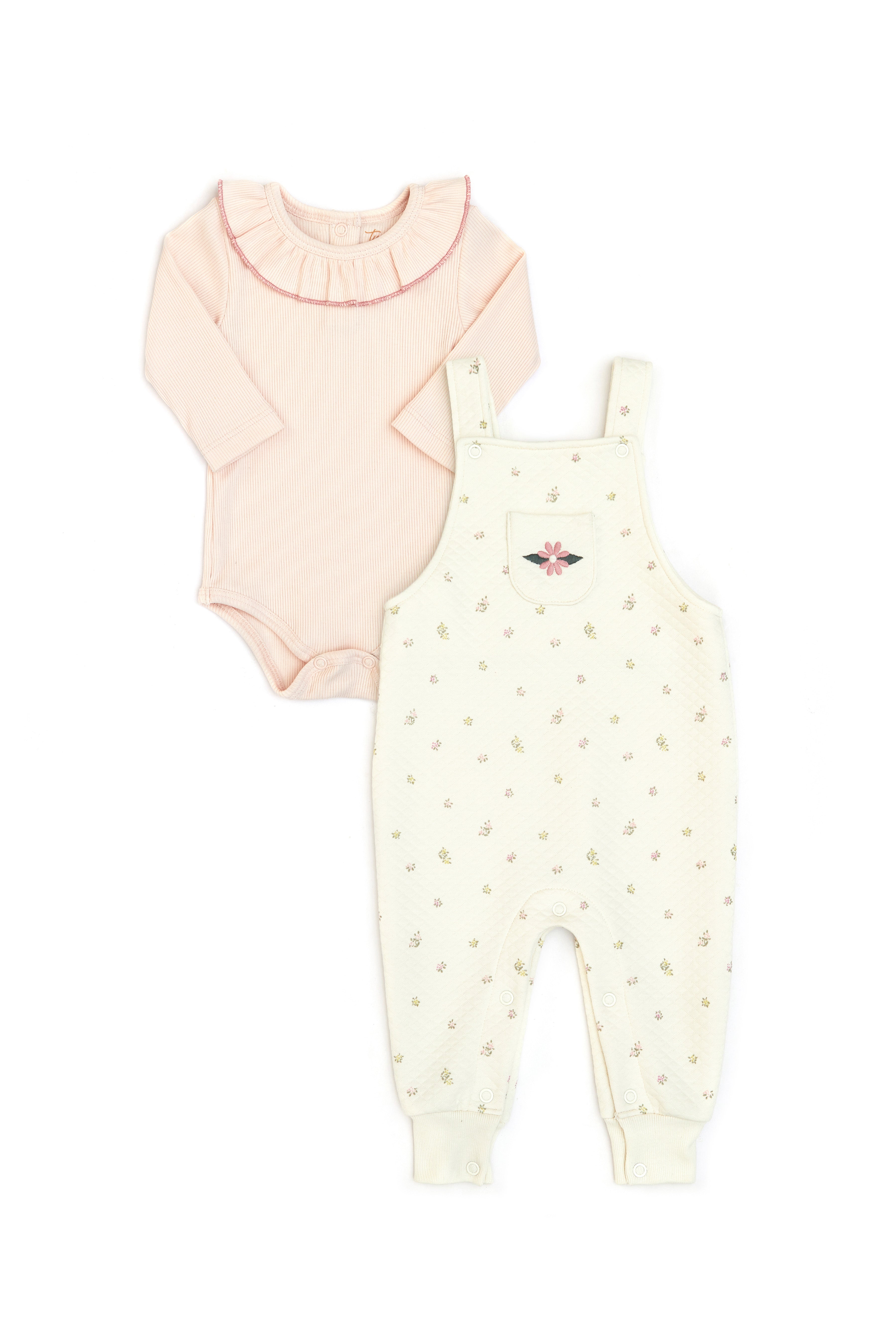 Conjunto 2PCS Romper Tirantes Perla Flores de Jackard de algodón + Body Bobo Rosado de Algodón Rib