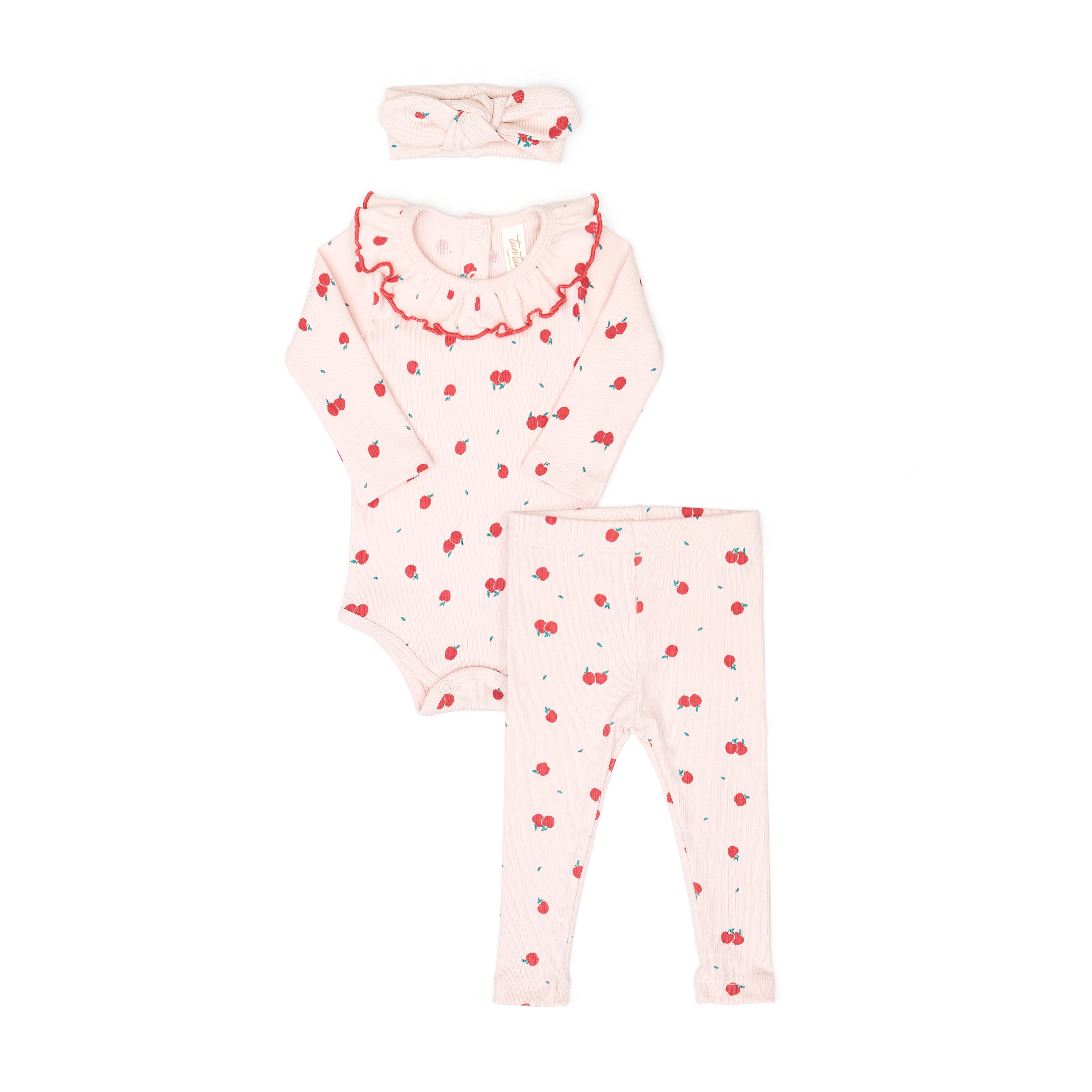 Set 3 pcs Body Bobo + Pant + vincha Rosado Manzanas de Algodón rib