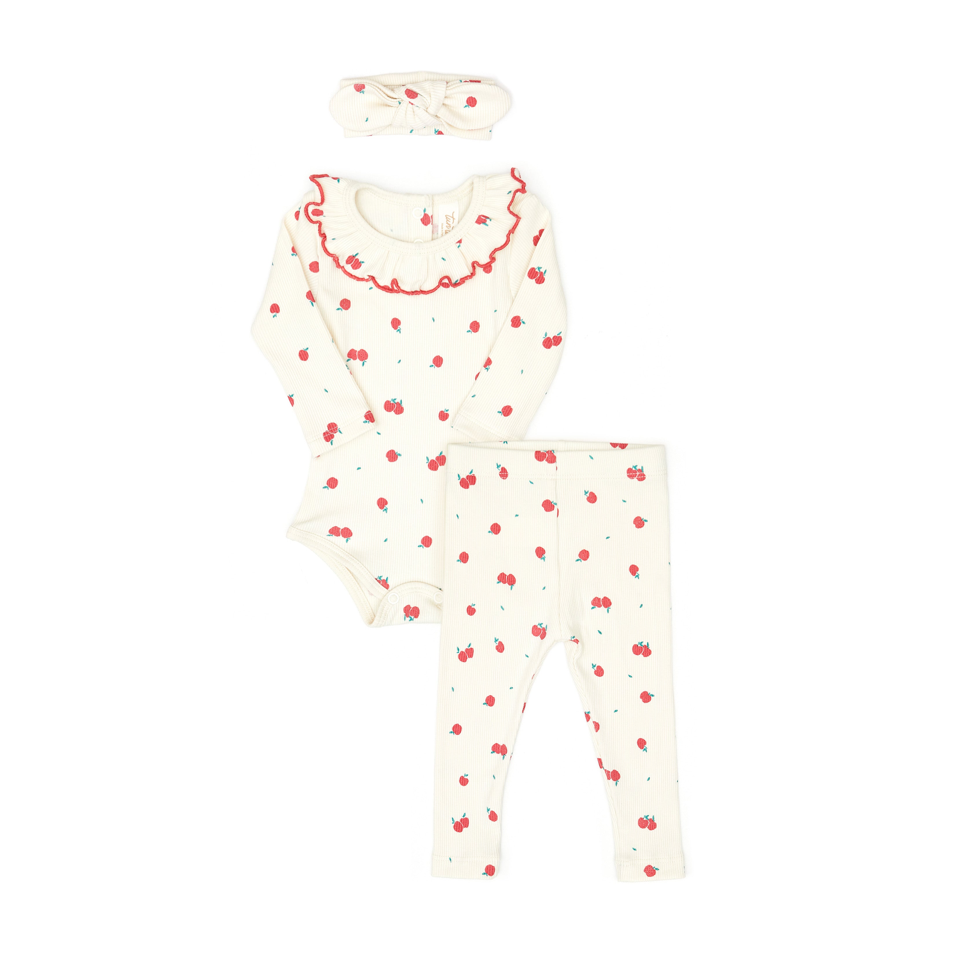 Set 3 pcs Body Bobo + Pant + vincha Crema Manzanas de Algodón rib
