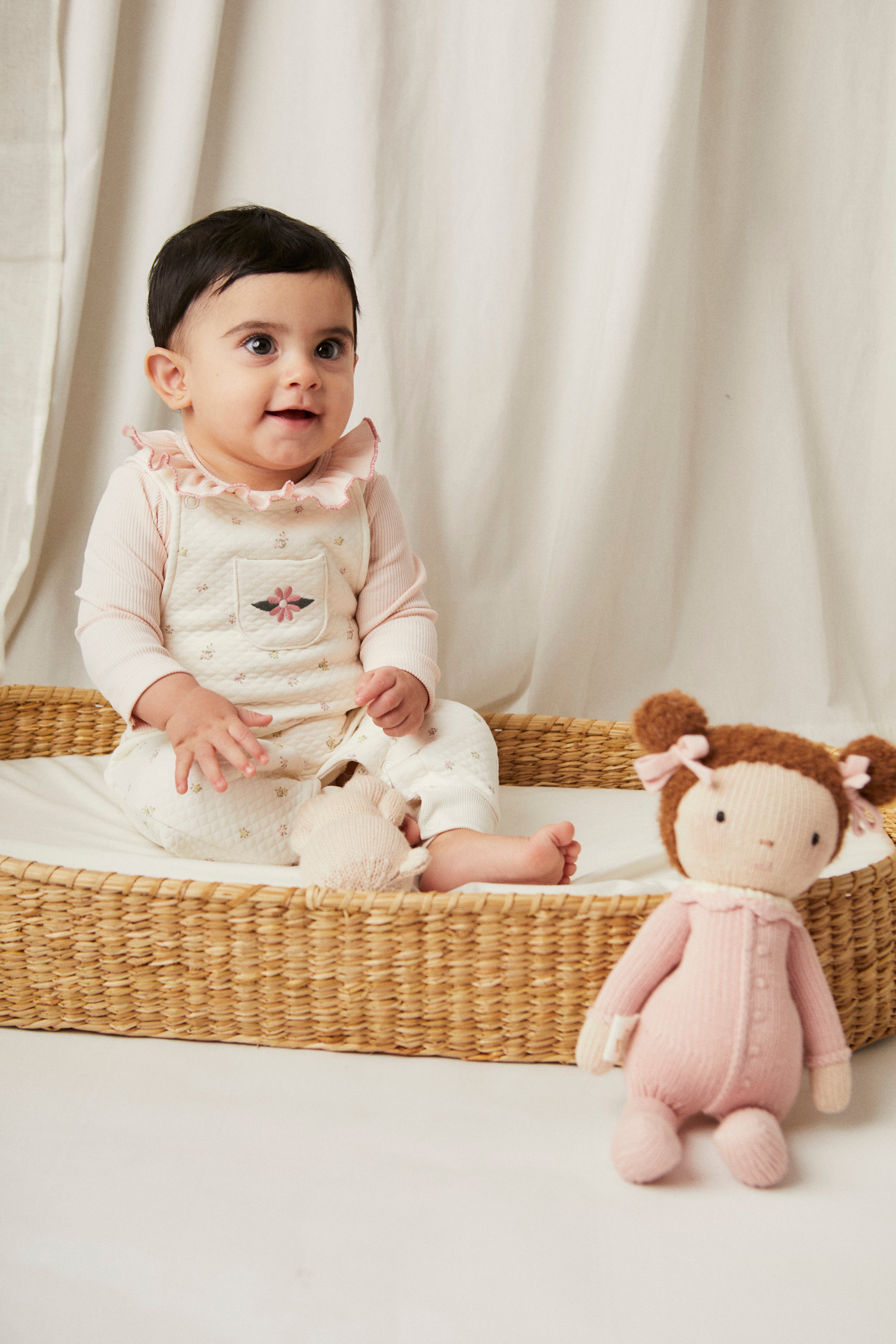 Conjunto 2PCS Romper Tirantes Perla Flores de Jackard de algodón + Body Bobo Rosado de Algodón Rib