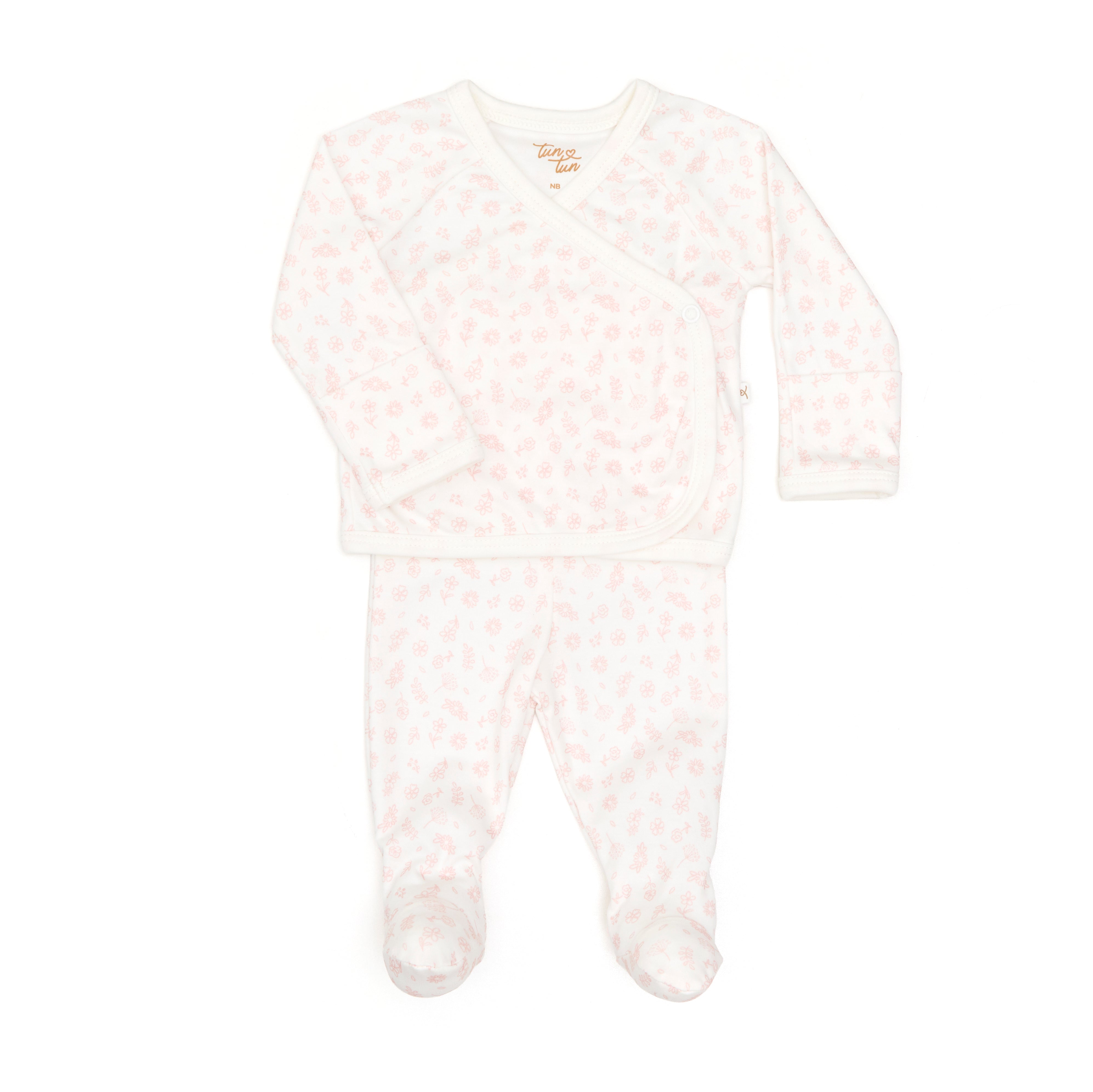 Set 2 Pcs Kimono + Pant Perla Flores Rosadas de Algodón pima
