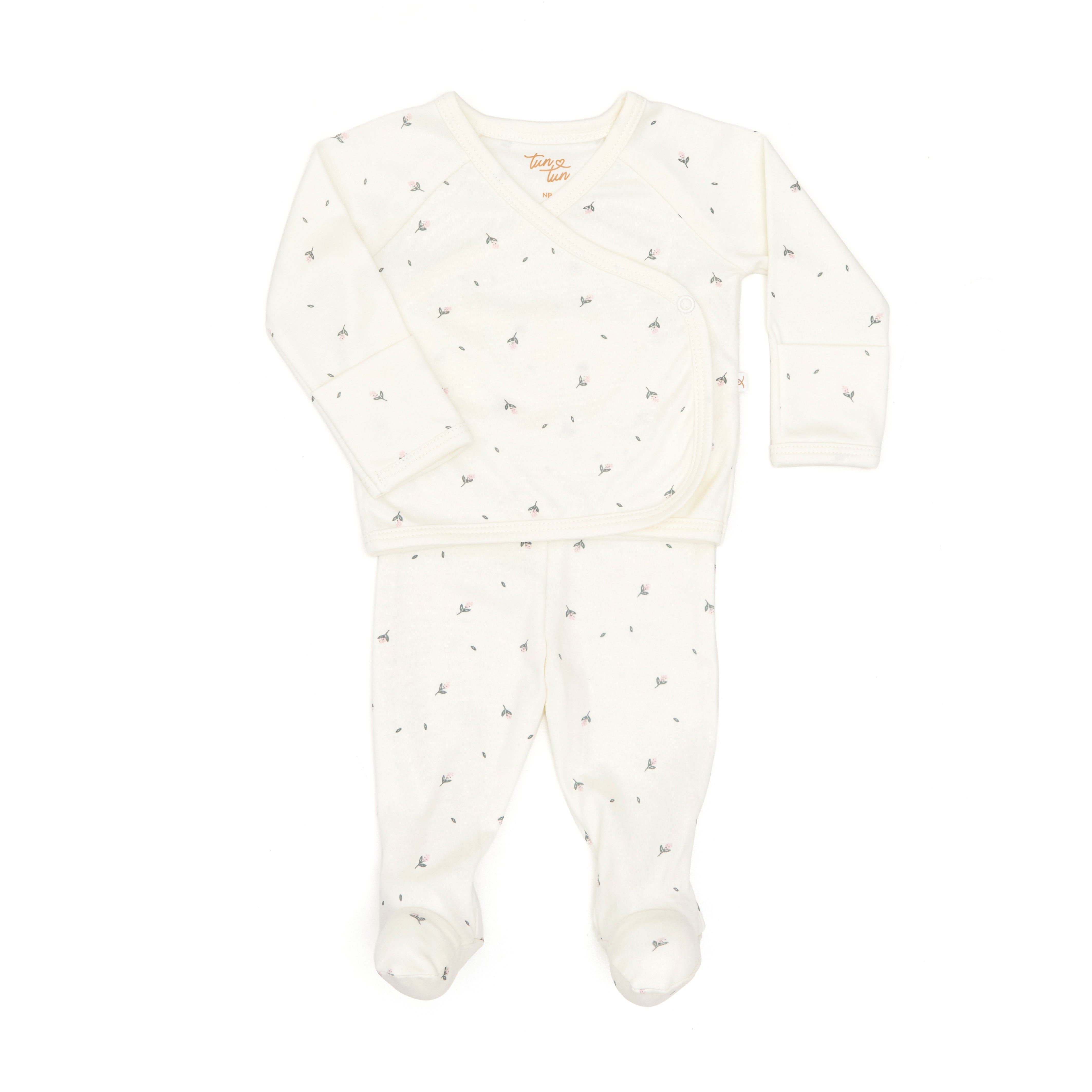 Set 2 Pcs Kimono + Pant Crema Flores de Algodón pima
