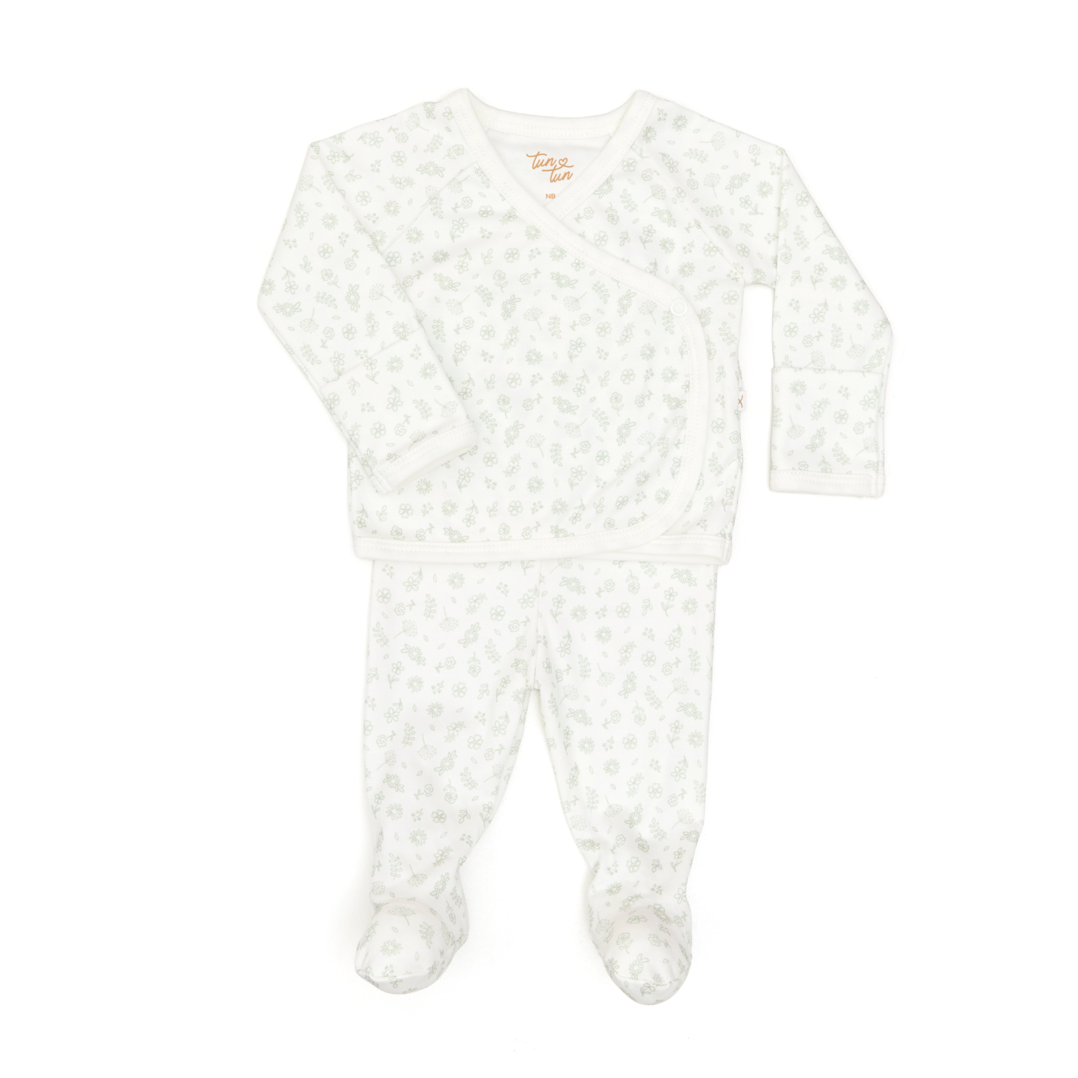 Set 2 Pcs Kimono + Pant Perla Flores Verdes de Algodón pima