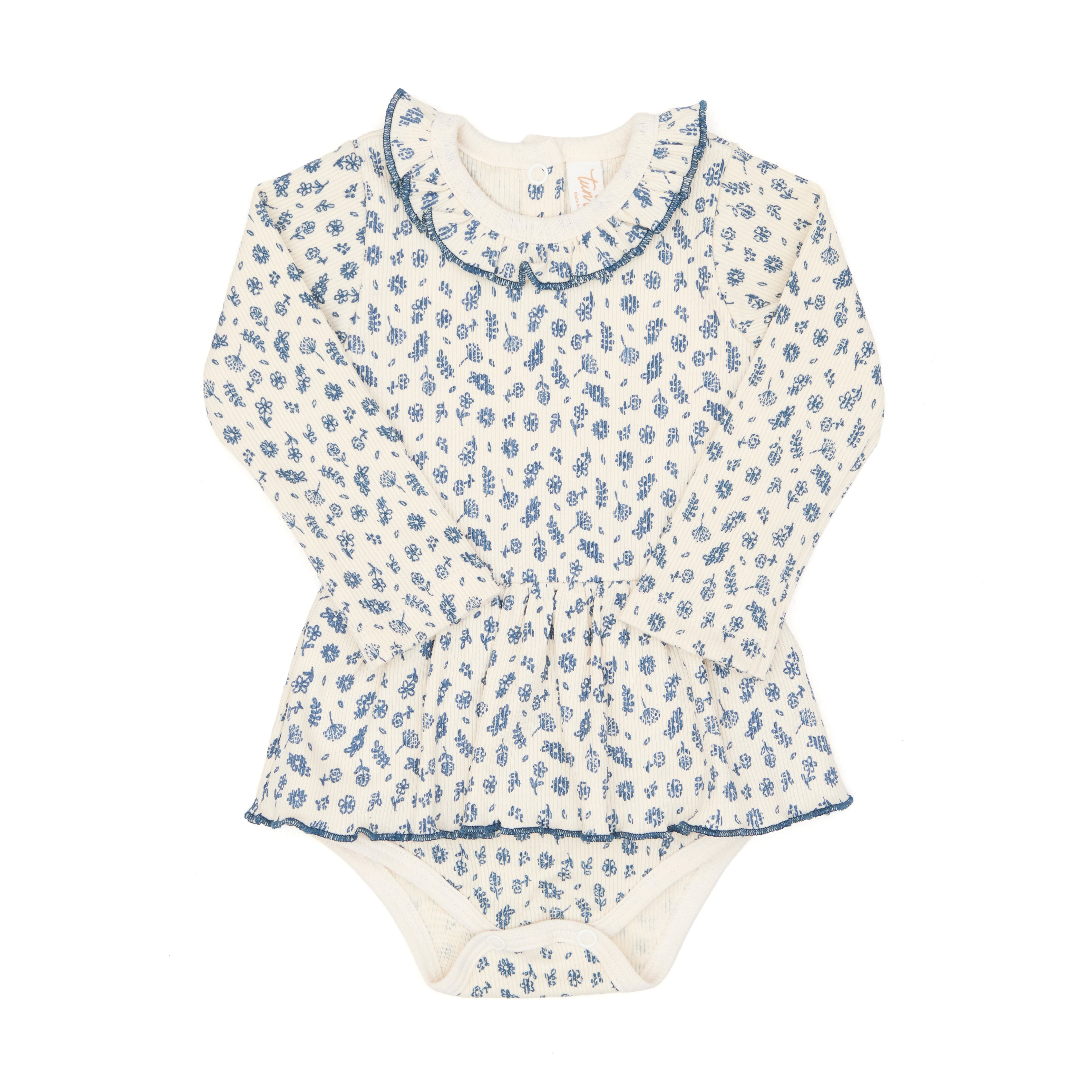 Body Vestido Ml Rib Flores Azules de Algodón rib