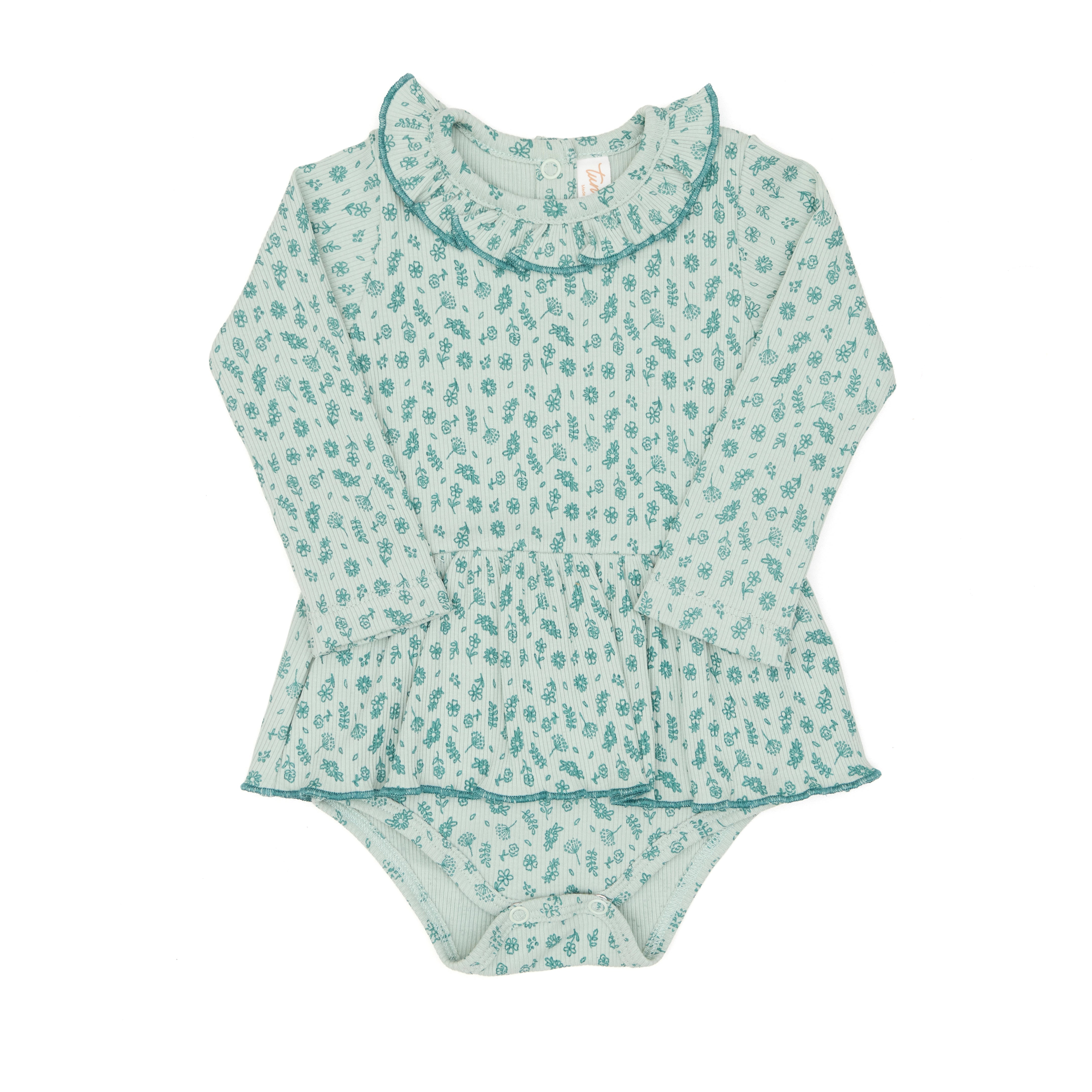 Body Vestido Ml Rib Flores Verdes de Algodón rib
