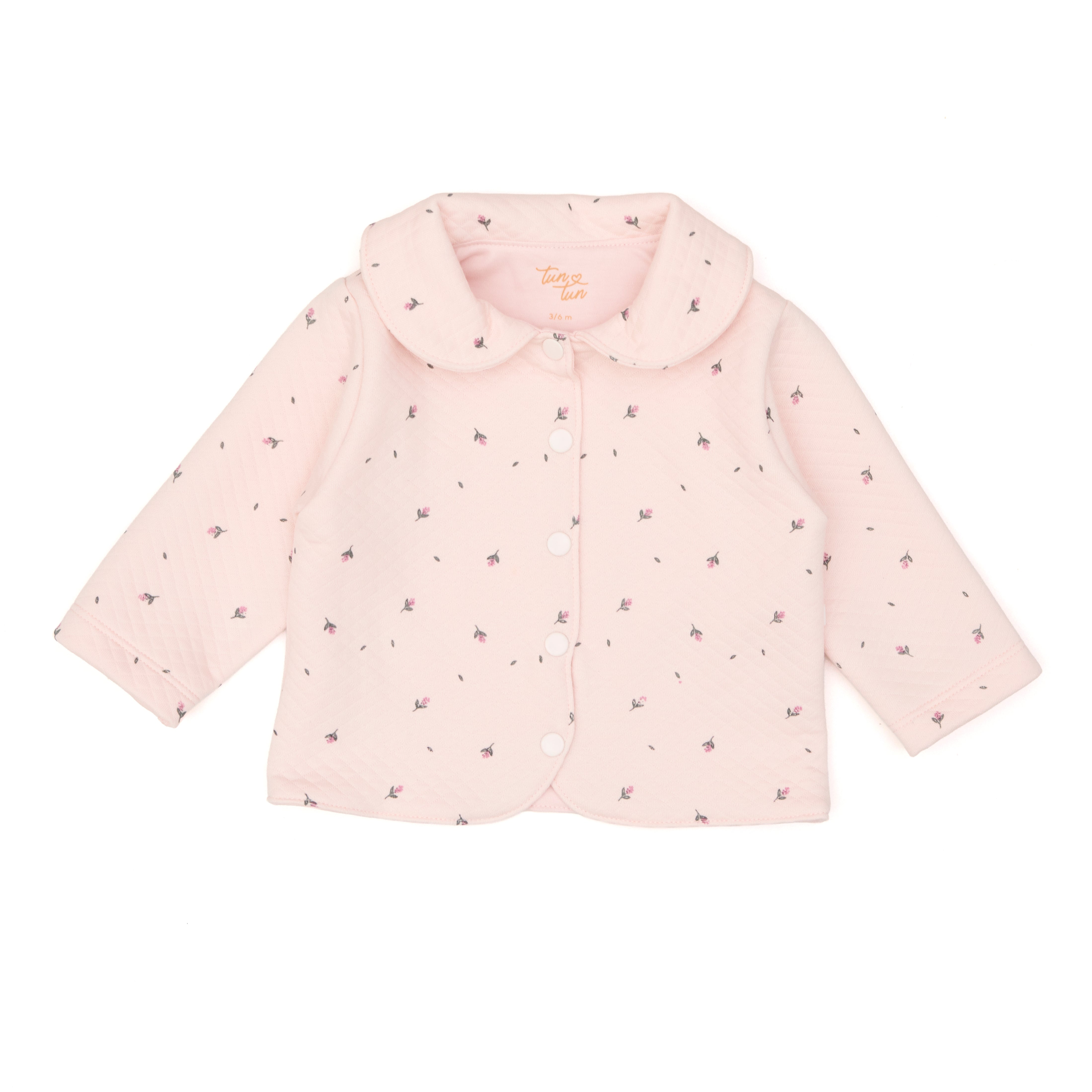 Conjunto 2pcs Chaqueta Cuello Bebe + Pant de Algodón Jacquard Rosado Flores