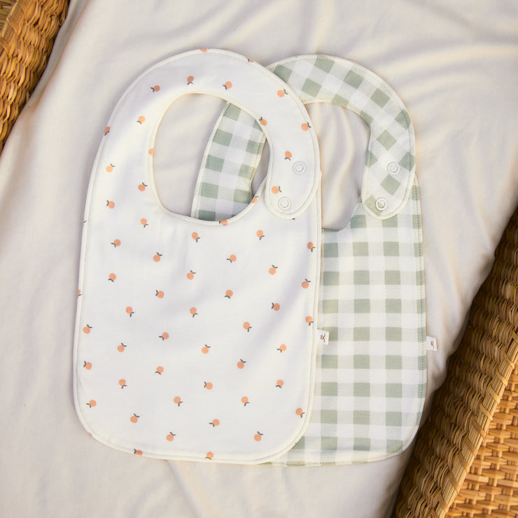 Set 2 Baberos Grandes Cuadros Verde/ Perla Naranjas de algodón pima