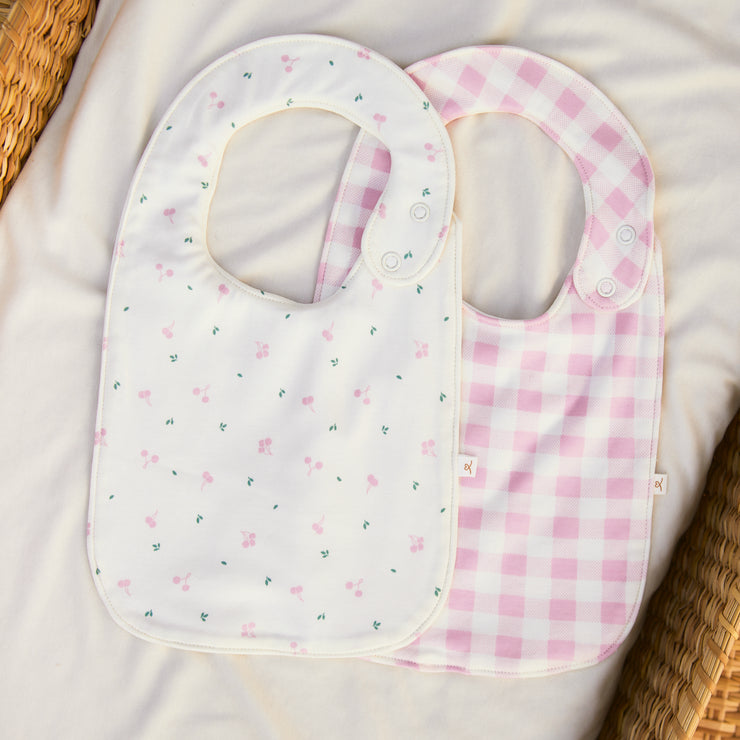 Set 2 Baberos Grandes Cuadros Fucsia/ Cerezas Fucsia de algodón pima