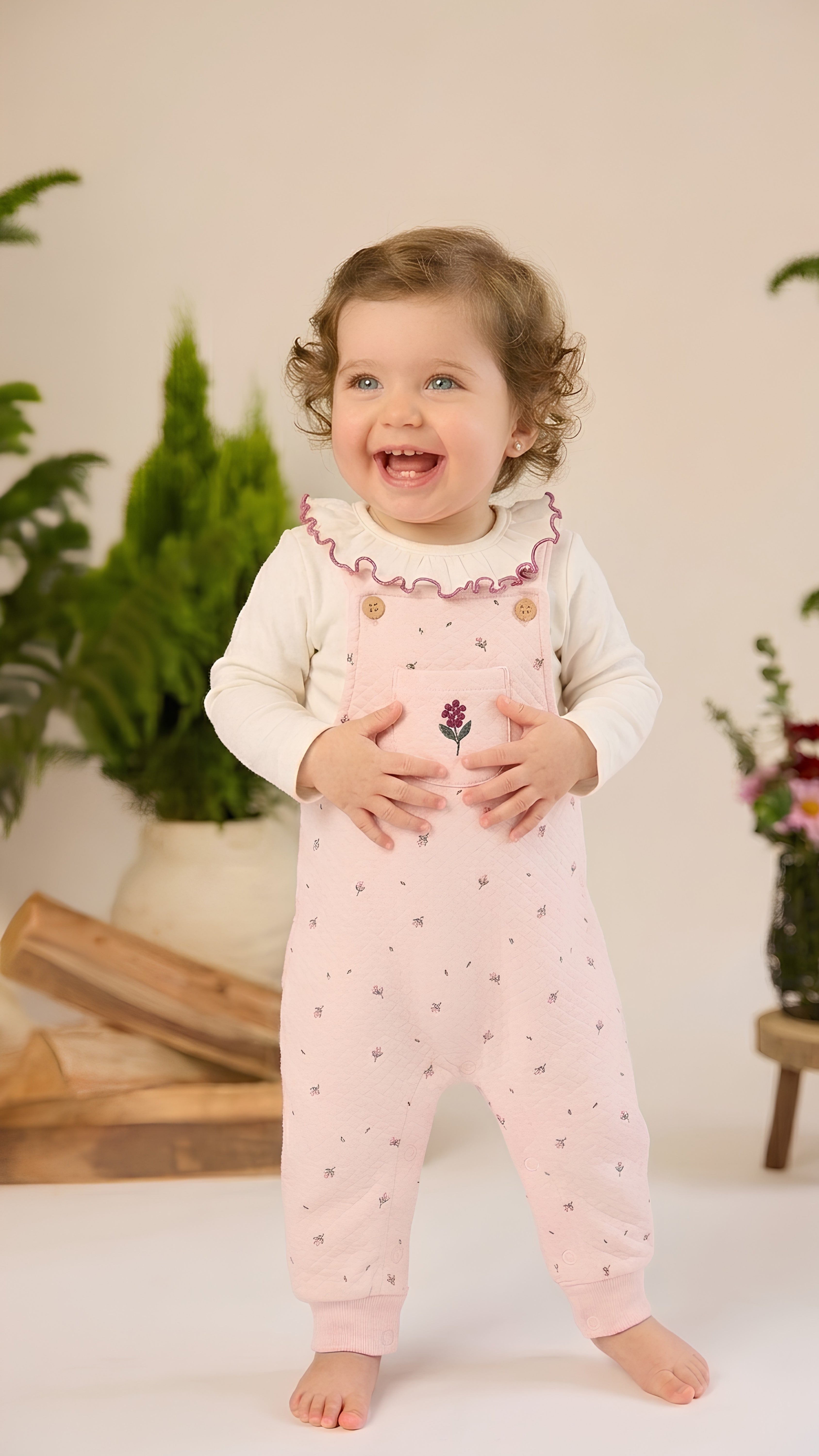 Set Body Bobo de Algodón Rib + Overall de Algodón Jacquard Perla / Rosado Flores