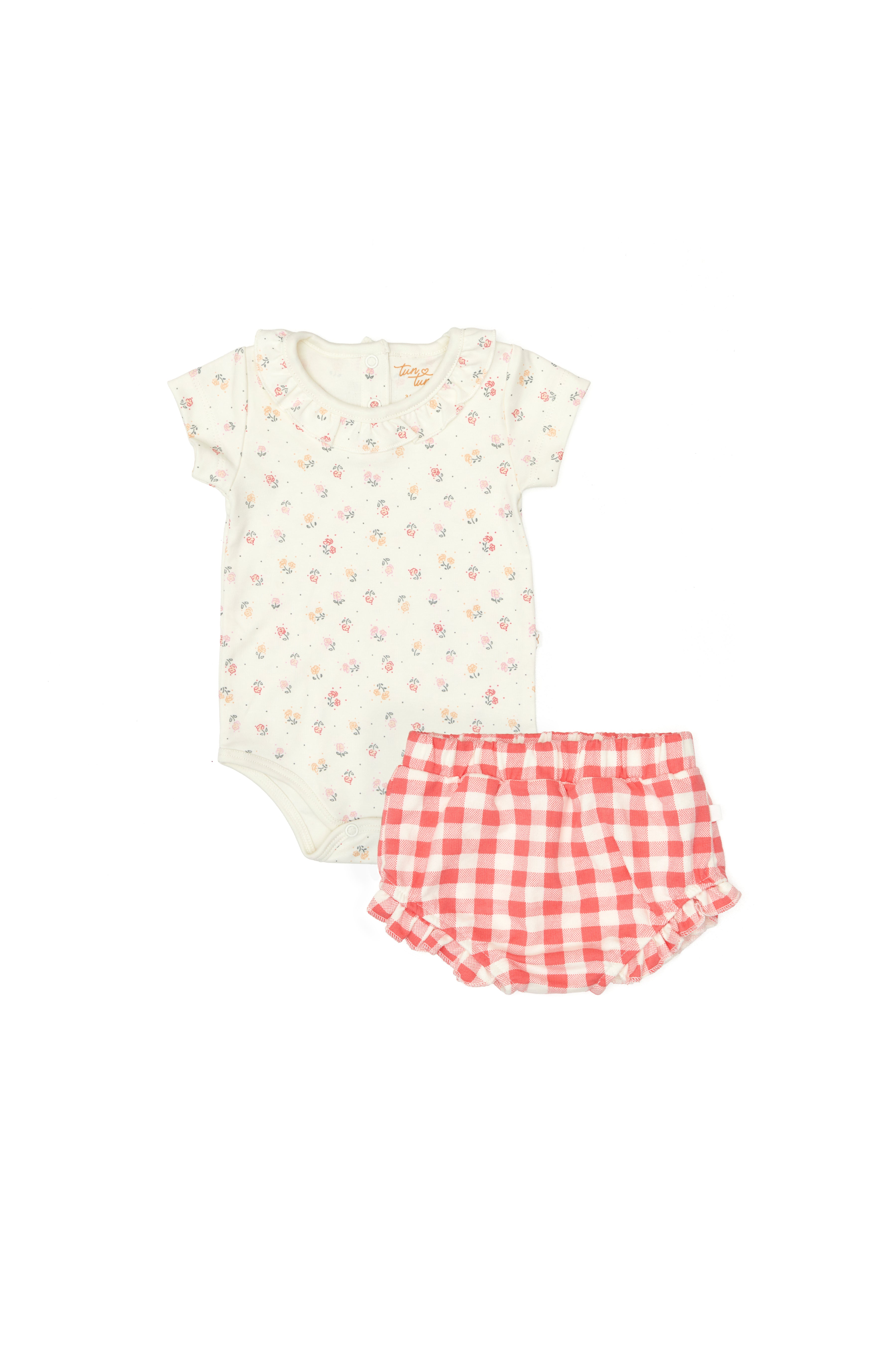 Conjunto 2PCS Body Bobo Perla Flores de Algodón Pima + Short Bombacho Cuadros Rojos French Terry