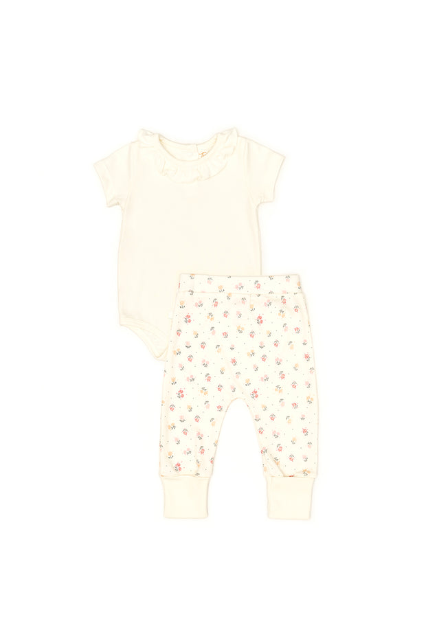 Set 2 Pcs Body Bobo + Pant Perla / Perla Flores de algodón pima