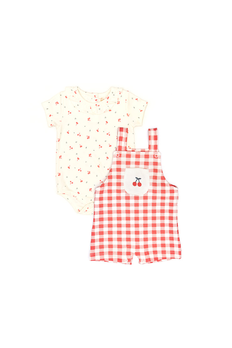 Set Body Bobo + Overall Perla Cerezas Rojas / Cuadros Rojo