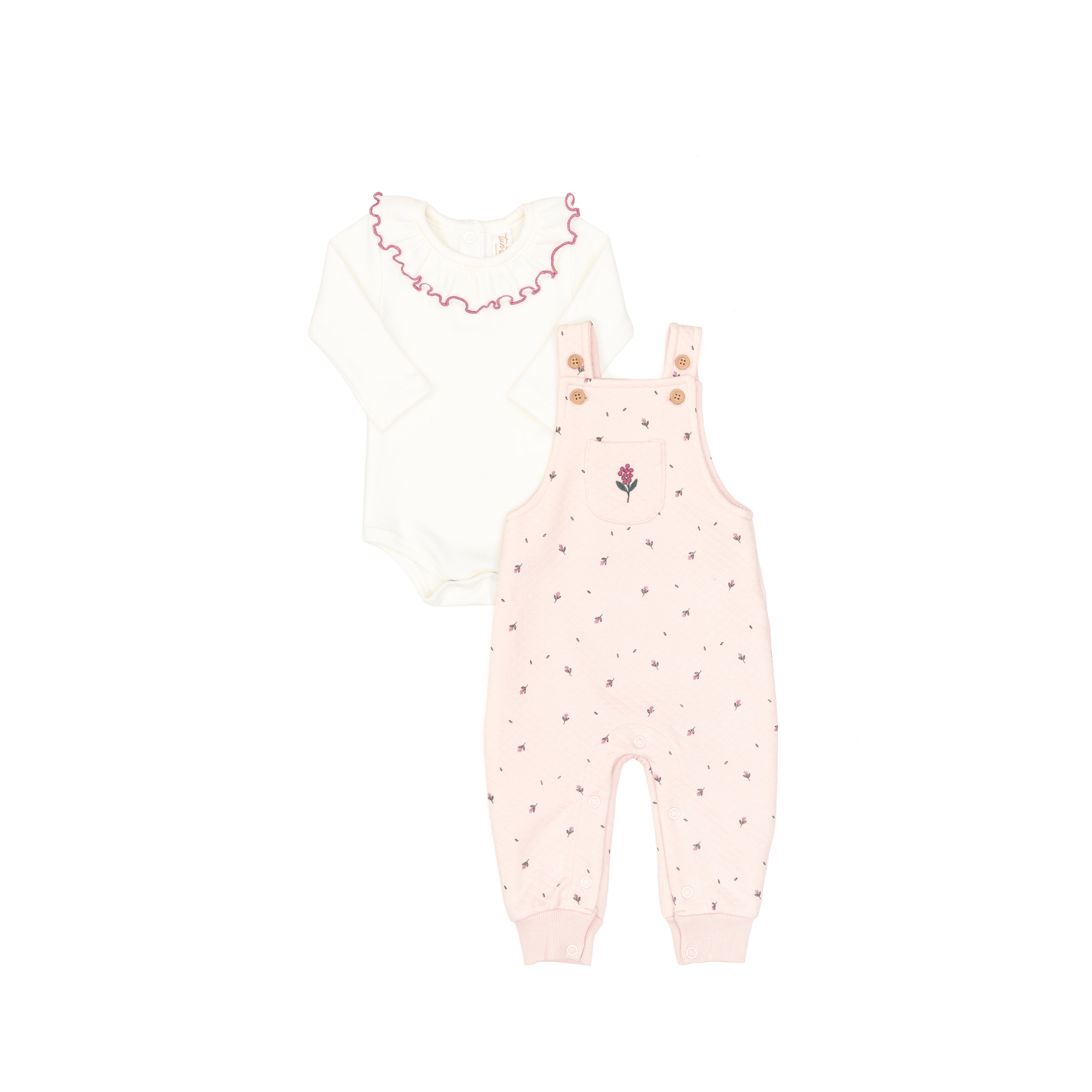 Set Body Bobo de Algodón Rib + Overall de Algodón Jacquard Perla / Rosado Flores