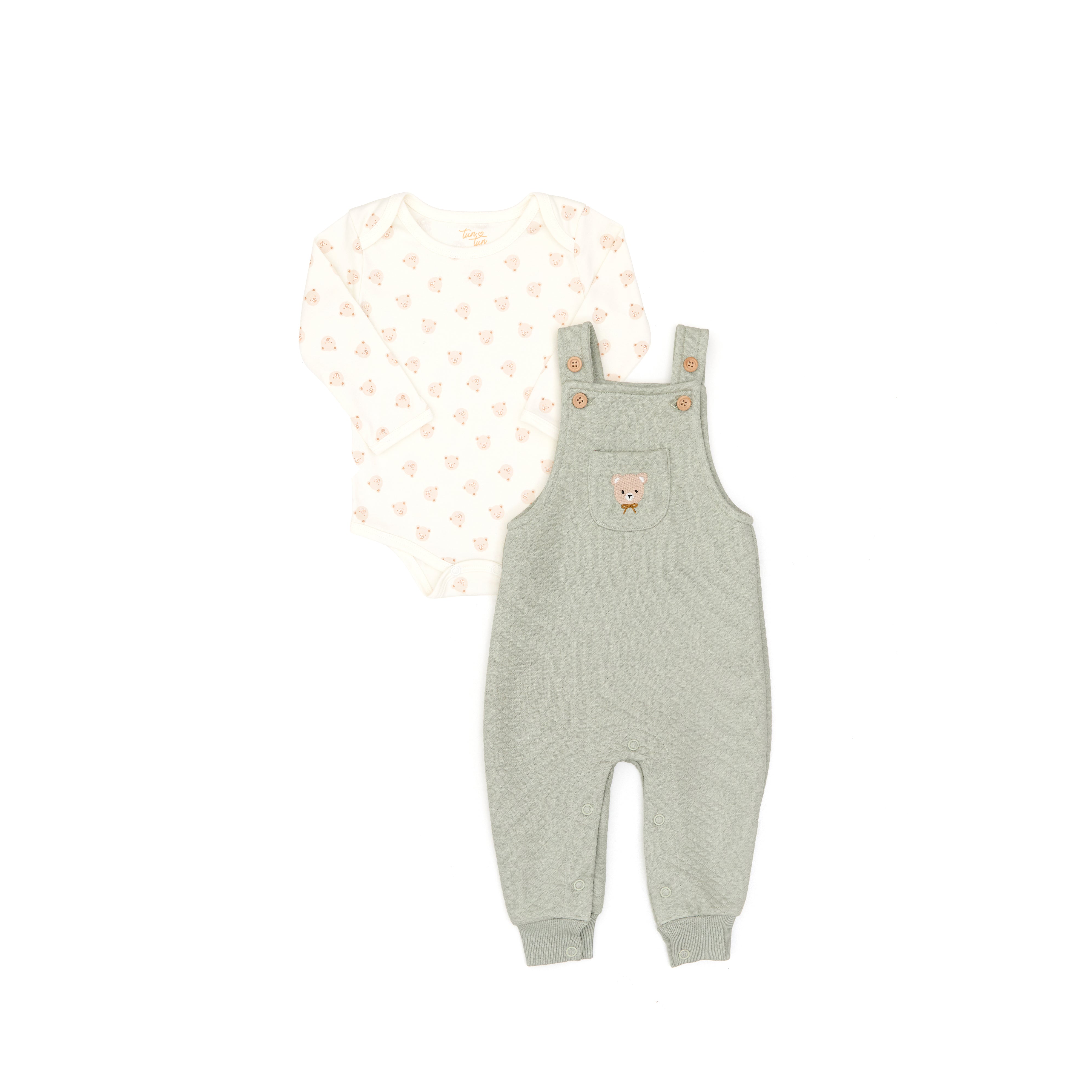 Set Body de Algodón pima + Overall de Algodón Jacquard Perla Osos / Verde
