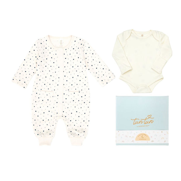 Ajuar Romper Estrellas Algodón Afranelado + Body Perla  Algodón Pima