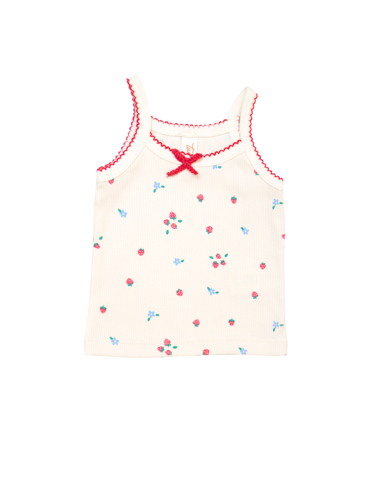 Set 3 pcs Top tiritas + short bombacho + vincha Fresas y flores perla / celeste de Algodón rib