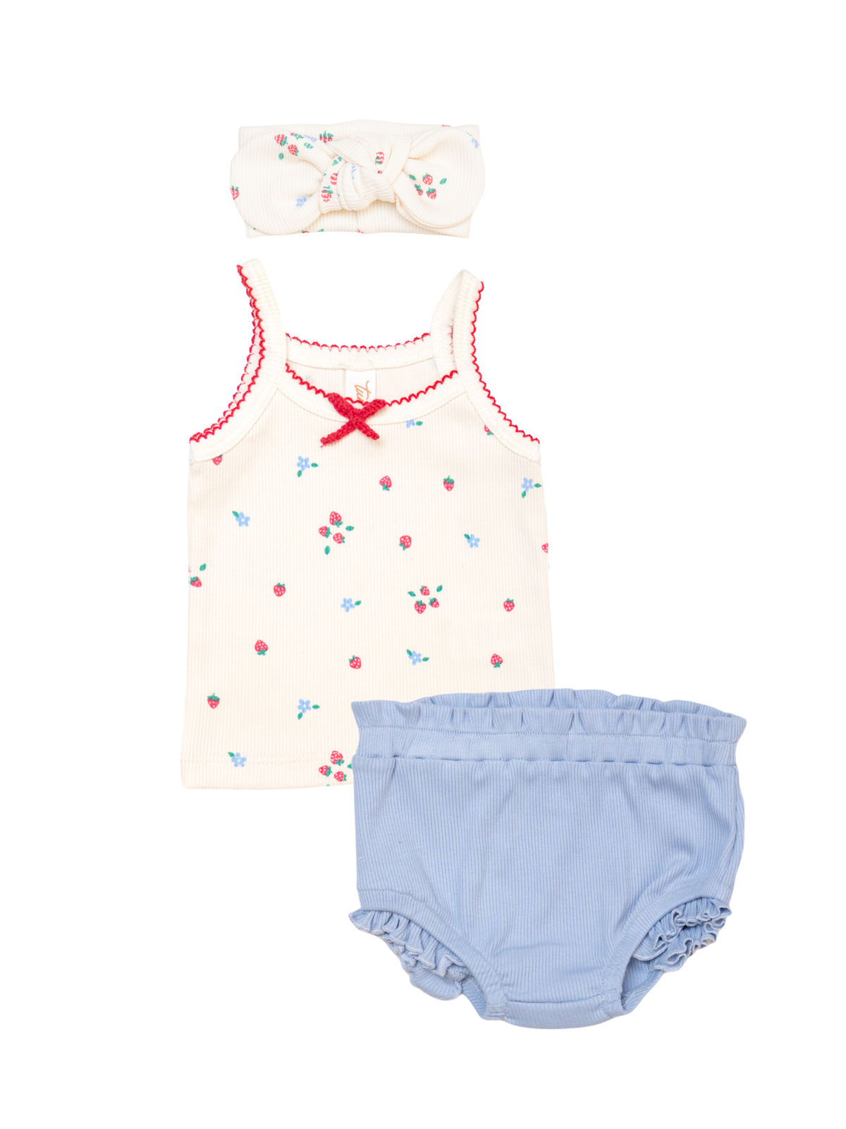 Set 3 pcs Top tiritas + short bombacho + vincha Fresas y flores perla / celeste de Algodón rib