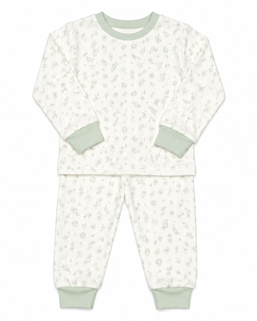 Pijama 2 pcs Polo Manga larga + Pantalon Perla flores verdes de Algodón pima
