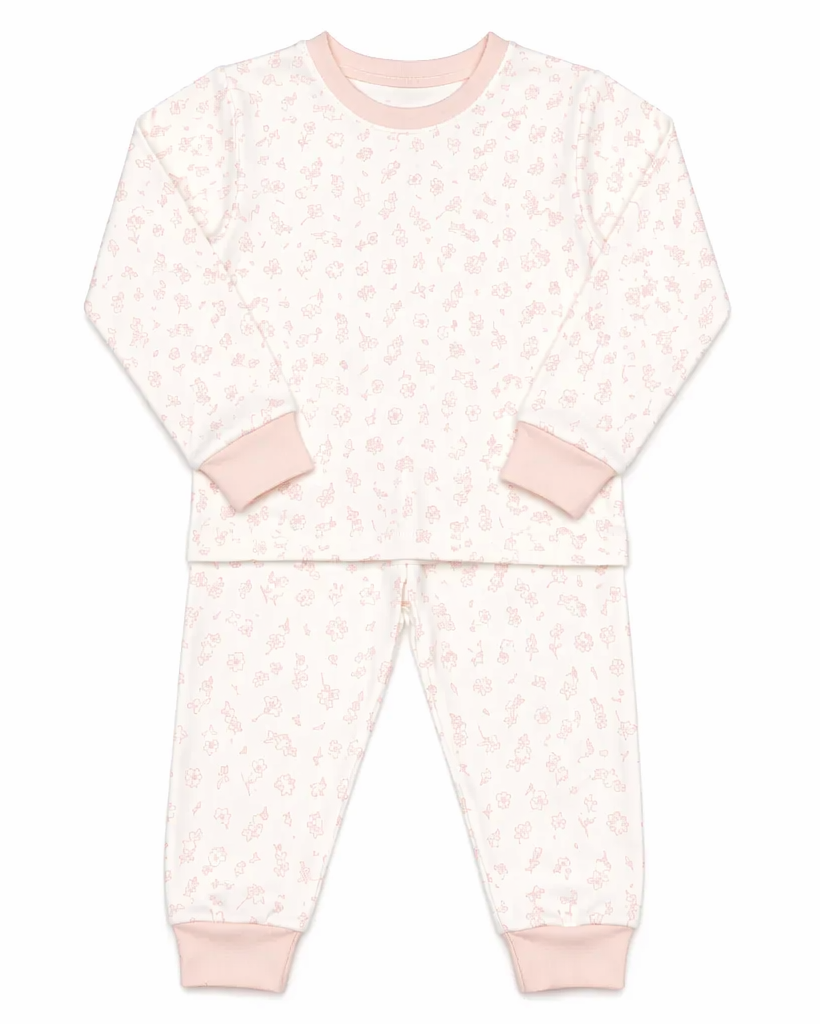 Pijama 2 pcs Polo Manga larga + Pantalon Perla flores rosadas de Algodón pima