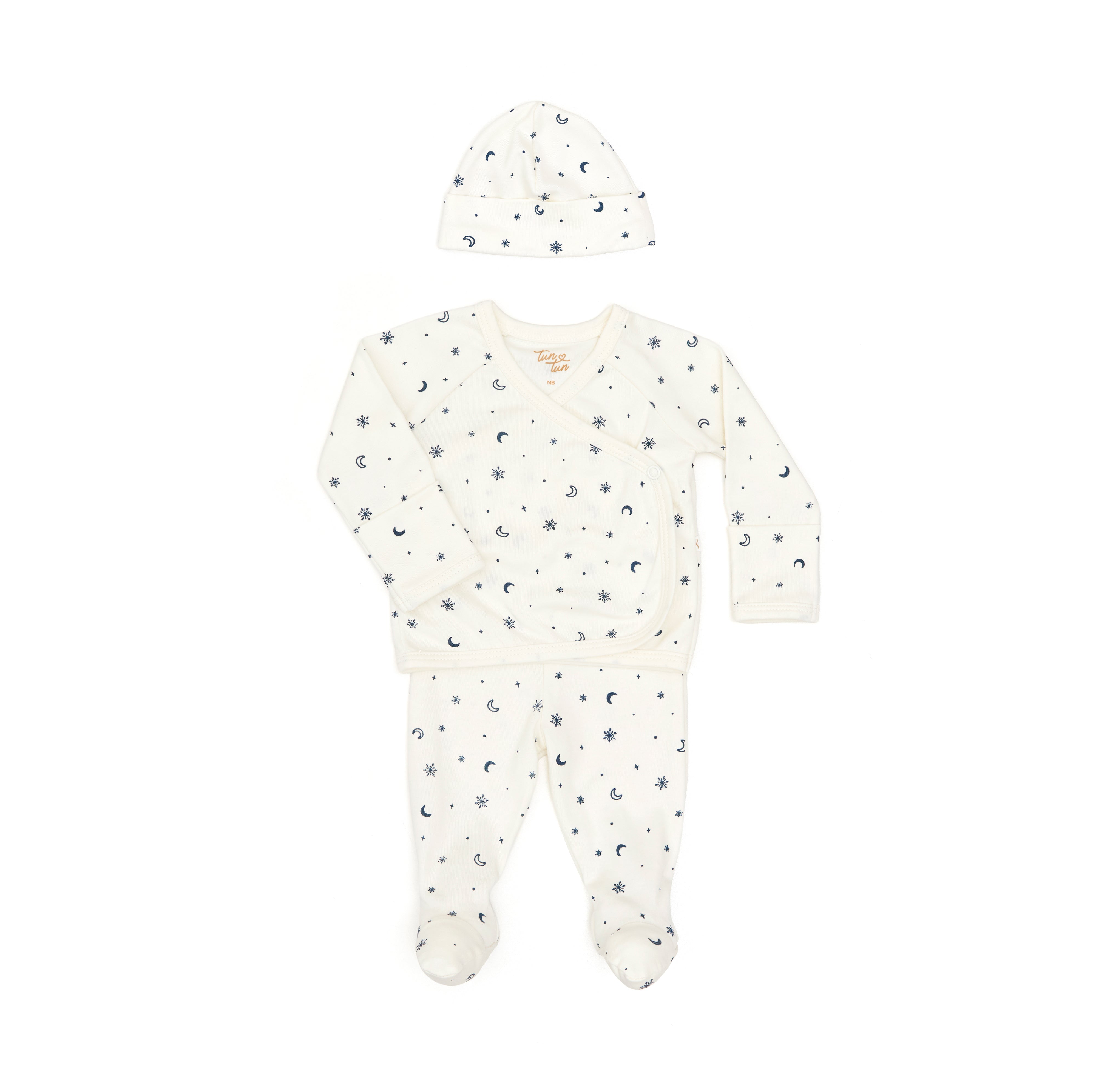Ajuar 4pcs Kimono + Pant + Gorro + Babero de Estrellas de Algodón Pima