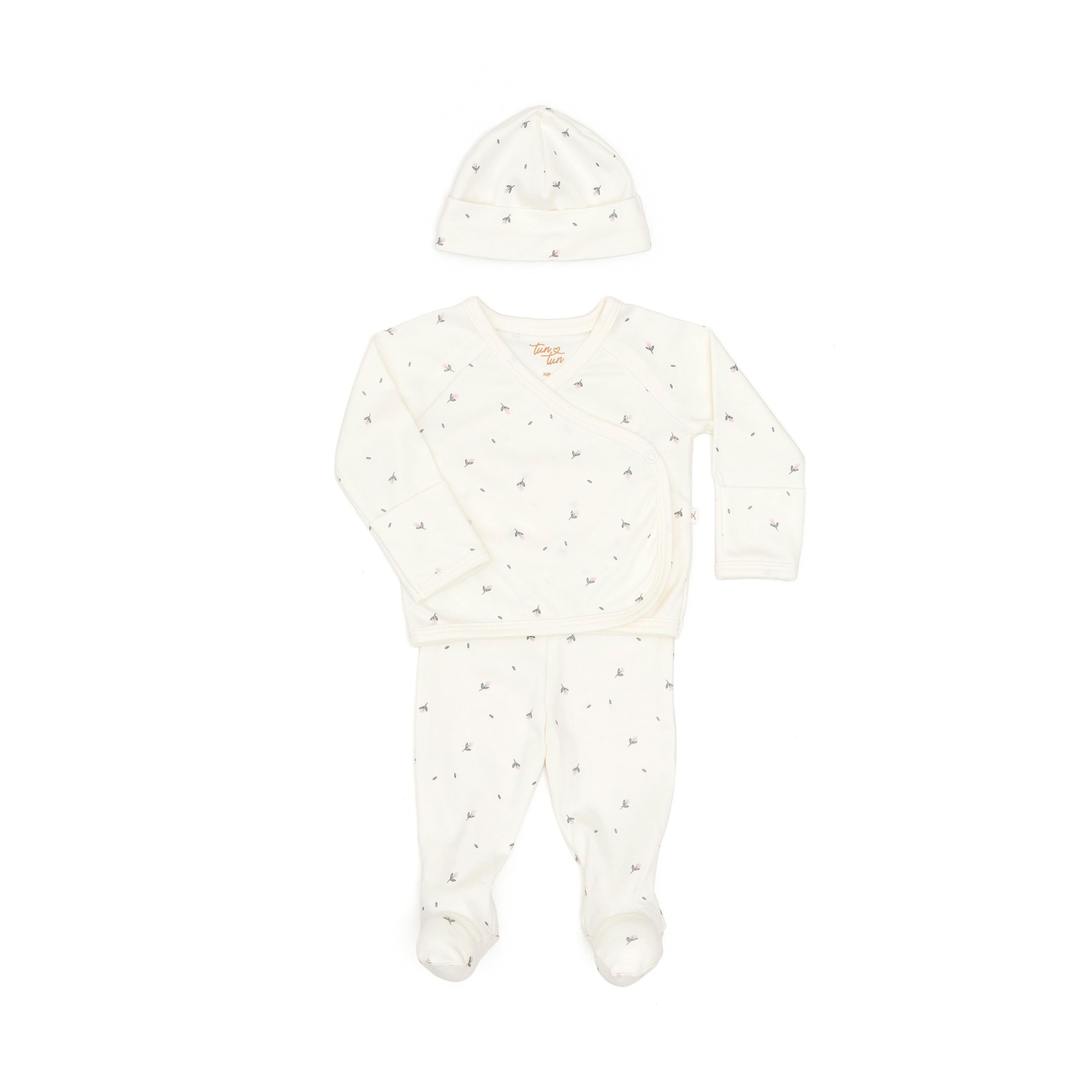 Set 3 Pcs Kimono + Pant + Gorro Crema Flores de Algodón pima